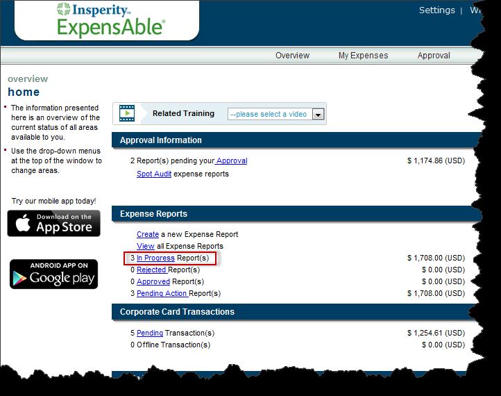 1. From the Overview Home screen, click In Progress under Expense Reports. 2.