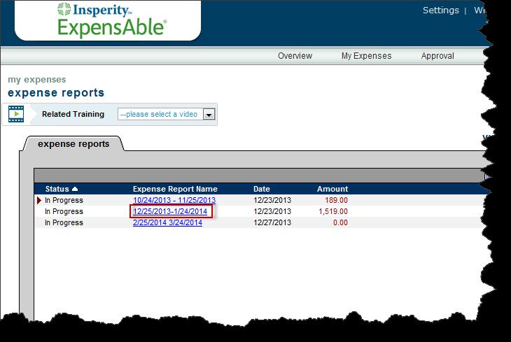 Click the name of the expense report that will receive the Corporate Card transactions.