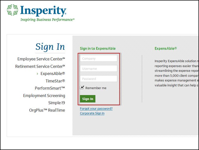 2. Log into ExpensAble Corporate by entering your: Company ID: pgatour Username: Your Windows login (e.g. pga12345, tpc12345, sxm12345) Password: Welcome1 Click Sign In Note: Select Remember Me checkbox and the Company and Username will pre-populate for you 3.