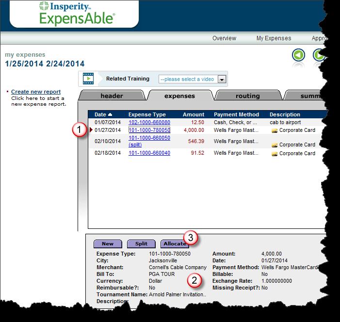 1. Locate the expense to be itemized and click on its expense type to select it (1).