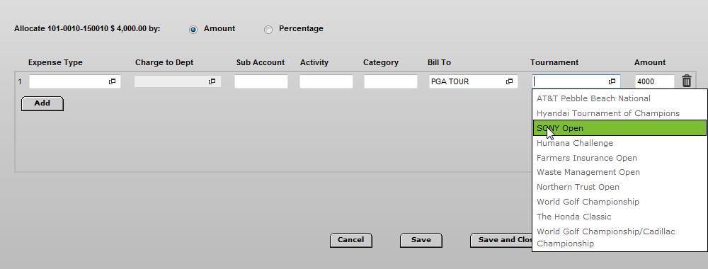 PGA Tour User Guide for Expense Reporting: 2. The allocation screen appears. At the top select whether the allocation will be by Amount or Percentage.