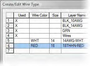 2. In the Create/Edit Wire Type dialog box, for Layer Name Format, enter %S%1-%C. 3. Do the following: In the wire type grid, in row 5, under Wire Color, enter WHT. For Size, enter 14.