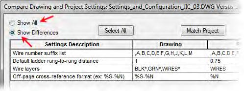 In the Settings Compare dialog box, click Show All to display all properties or Show Differences to display only the settings that are