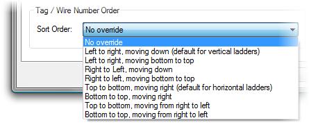 Tag/Wire Number Order You can also set the default wire-numbering sort for the active drawing. When choosing a sort override option you can set sorting on a per-drawing basis.
