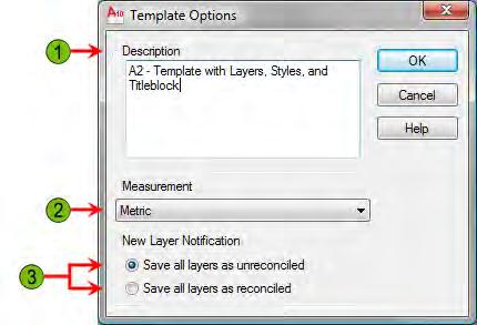 The following illustration shows the Template Options dialog box. Description Measurement New Layer Notification Specifies a description for the DWT file.