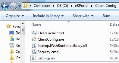 The zip file should include at least: ClearCache.cmd ClientConfig.exe Interop.IWshRuntimeLibrary.dll Security.cmd Settings.ini 3.