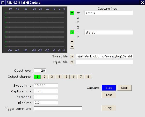 4 Capturing impulse responses Click Capture in the main window to open the capture window. This window will be available only if Aliki was started with an audio interface option (-A or -J).
