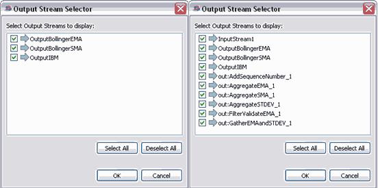 shows the same three output streams plus the output port of all intermediate components as selectable streams.
