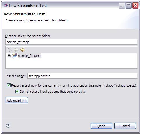 The Record a test check box is selected by default. (This check box is dimmed if you run File â New â Other â StreamBase Test (.sbtest) without running an application first.
