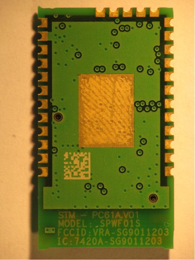 Package mechanical data SPWF01SA, SPWF01SC Figure 5. Bottom view of the module Data Matrix Model Series Name Board Design Reference FCC and IC IDs Figure 6.