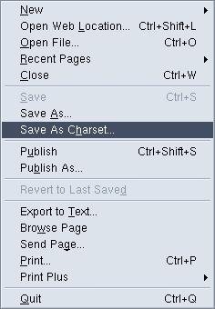 Moguće je jednostavno izabrati iz menija View opciju Charset i tu izabrati UTF-8 kao format (vidi sliku 4).Posle toga se fajl najnormalnije sačuva u UTF-8 formatu.