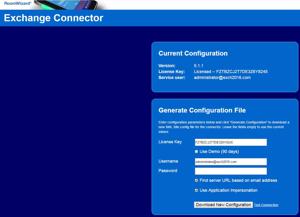 CONFIGURING THE EXCHANGE CONNECTOR Your server s web browser will open the web page of your newly installed Connector. This is the configuration page for your connection to Exchange.