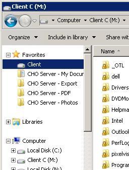 However, if you scroll down the list on the left-hand pane of the Windows Explorer tool, you will see several Client drives. These Client drives are the drives on your local computer.