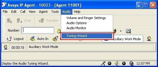 6. Configure Avaya IP Agent After logging into Avaya IP Agent, select Audio Tuning Wizard from the menu as shown below.