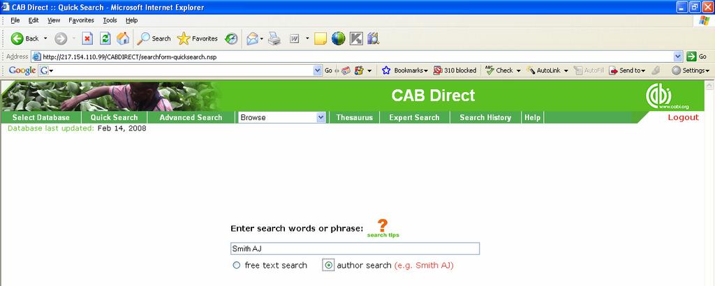 Many of the field entries, including the author names, indexing fields, CABICODES, etc., are displayed in green and have check boxes next to them. The green text means that the terms are hyperlinks.