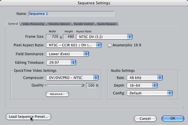 Control-click and select Settings to display the Sequence Settings dialog and set up your sequence. Final Cut Pro displays the Sequence Settings dialog. Figure 16.
