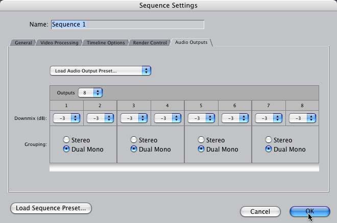 5. Select Audio Settings. Click the Audio Outputs tab (far right) to adjust audio channel settings. Figure 19. Display the Audio Outputs tab to adjust audio channel settings.