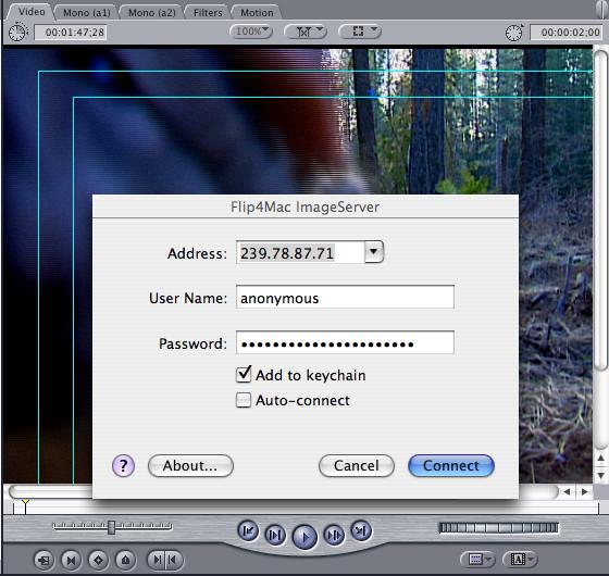 9. Final Cut Pro displays the Flip4Mac Image Server connection dialog: Figure 21. Use the Image Server connect dialog to connect to your Image Server.