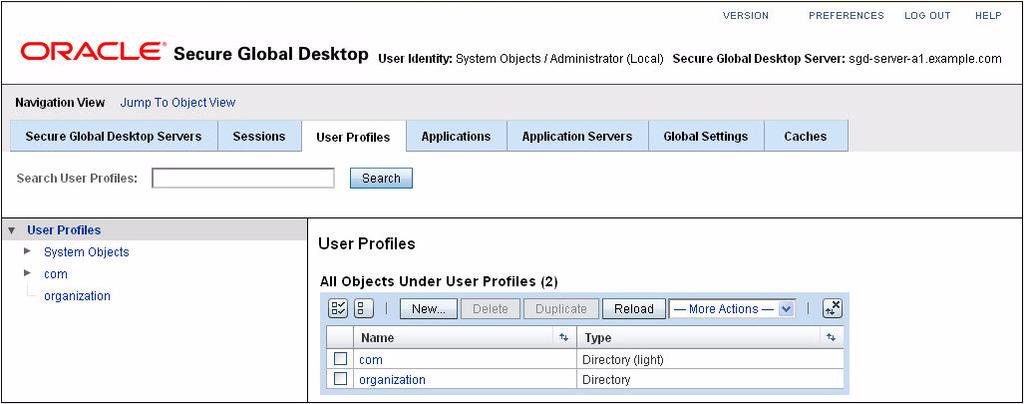 FIGURE 3-13 The User Profiles Tab By default, this tab contains two top-level objects, a Directory object called organization (o=organization on the command line) and a Directory (light) object