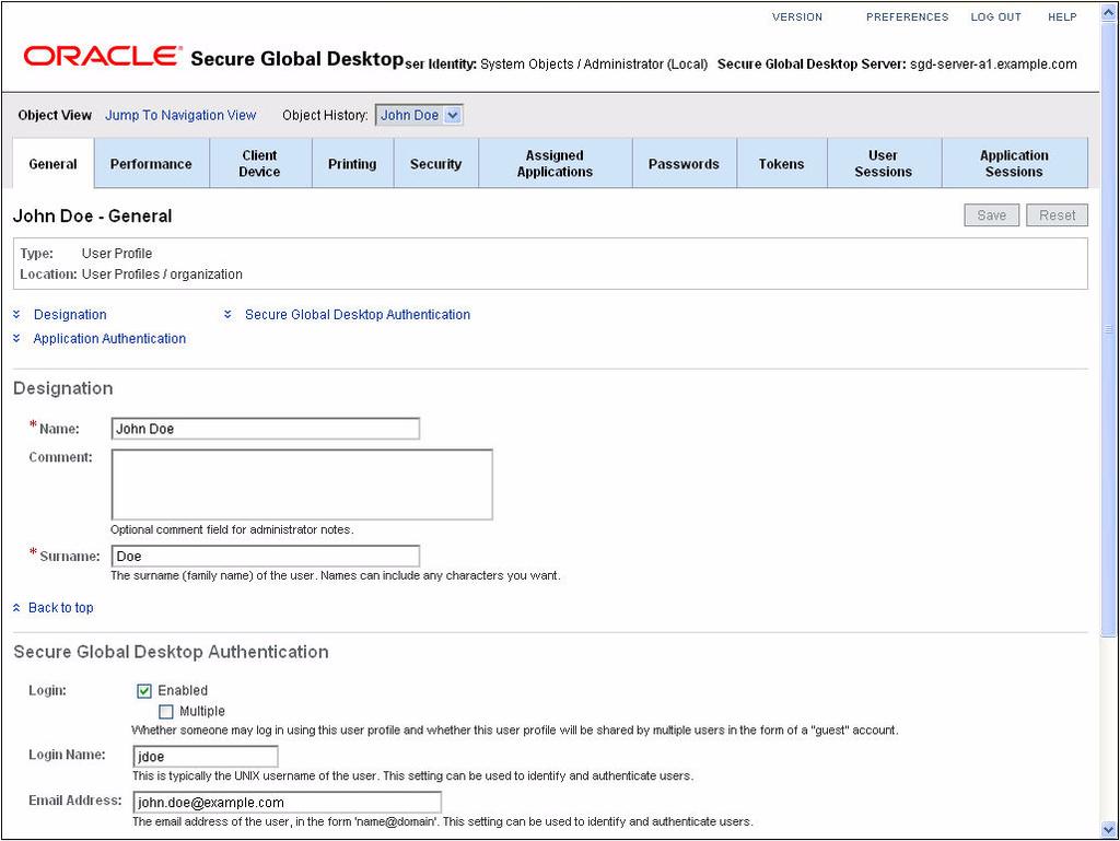 FIGURE 3-16 The General Tab for a User Profile e. Click Save. How to Add an SGD Administrator 1. In the Administration Console, click the User Profiles tab. 2.