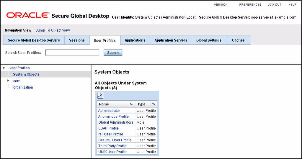 FIGURE 3-17 The System Objects Table 3. In the System Objects table, click the Global Administrators link.