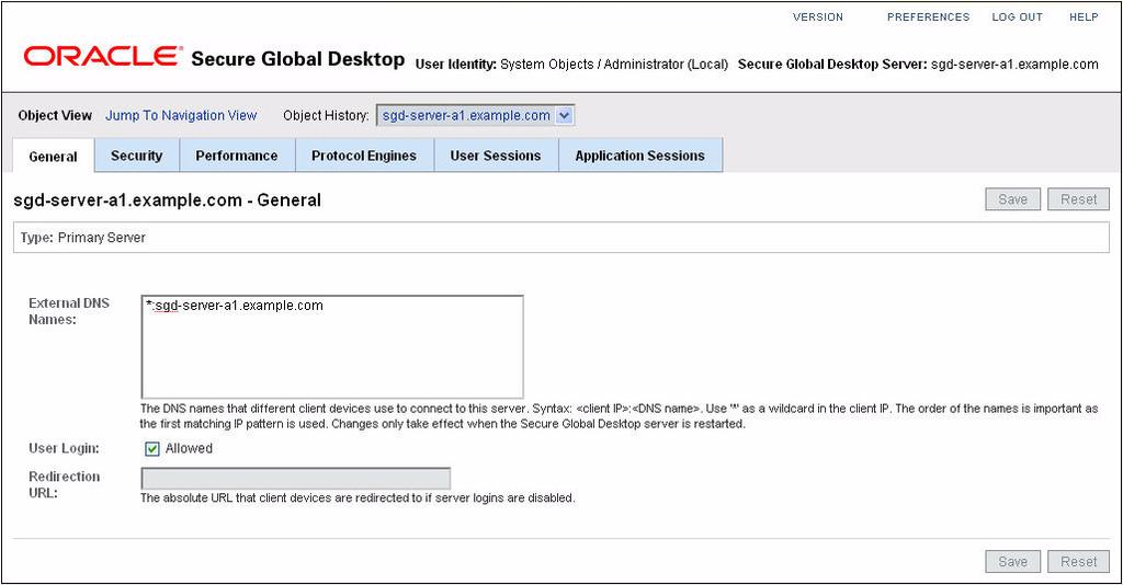 When you click on the name of an SGD server in the Secure Global Desktop Servers List table, the Administration Console displays further tabs in Object View.