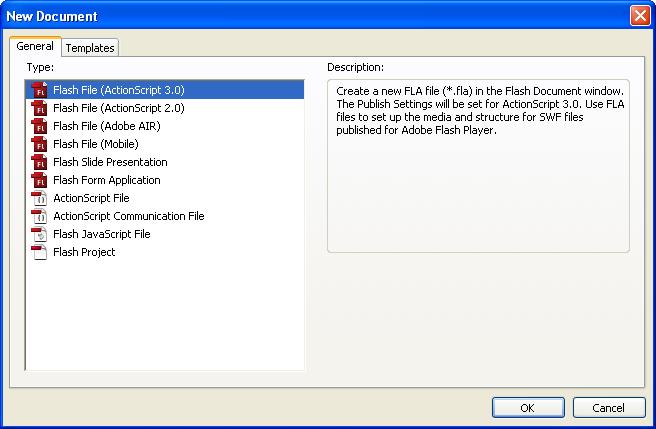 Creating a New Document In Flash CS4, a new document can be created from the Welcome Screen or from the File menu. Use one of the methods below to create a new document.