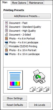 Selecting a Printing Preset - Windows For quick access to common groups of print settings, you can select a printing preset on the Main or More Options tab.