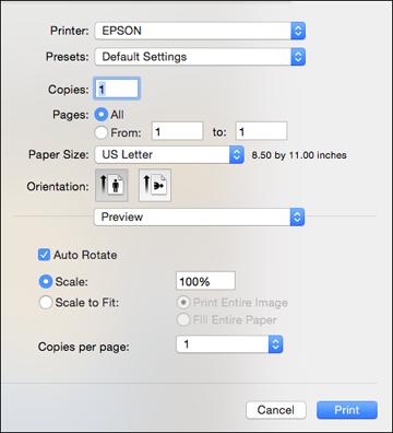 You see the expanded printer settings window for your product: Note: The print window may look different, depending on the version of OS X and the application you are