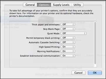 You see a screen like this: 6. Select On as the Permit temporary black printing setting. 7. Click OK. 8. Close the utility window. 9. Load plain paper or an envelope in your product. 10.