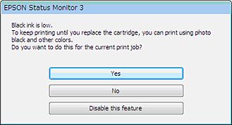 Conserving Low Black Ink with Windows The following window appears when black ink runs low and there is more color ink.