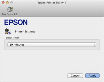 You see this screen: 4. Select the time period you want before the product goes to sleep as the Sleep Timer setting. 5. Click Apply. 6. Close the Printer Settings window.