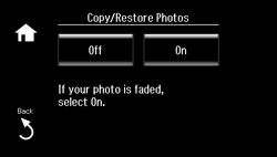 Parent topic: Copying Documents or Photos Copying and Restoring Photos You can restore the colors in faded photos as you copy them. 1. Load photo paper in the product. 2.