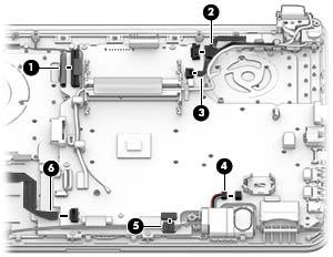 7. Position the computer upright, and then disconnect the following cables from the system board: (1): Keyboard cable (2): Power connector cable (3): Power button board cable (4): Speaker