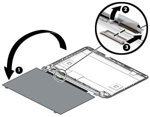 c. On the back of the display panel, release the adhesive strip (2) that secures the display panel cable to the display panel, and then disconnect the cable (3). 4. To remove the display hinges: a.
