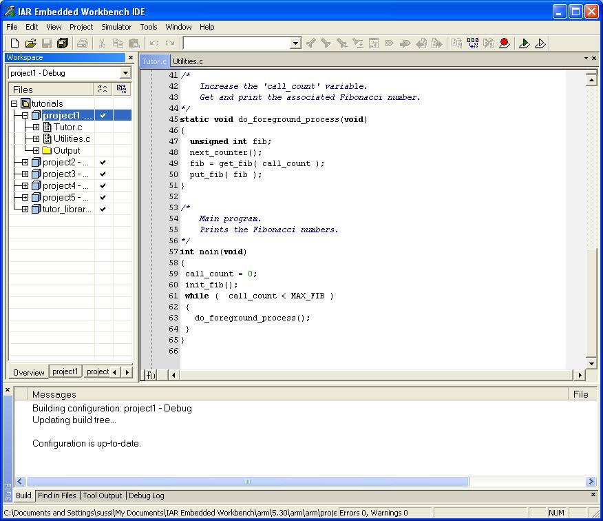 Windows IAR EMBEDDED WORKBENCH IDE WINDOW The figure shows the main window of the IDE and its various components. The window might look different depending on which plugin modules you are using.