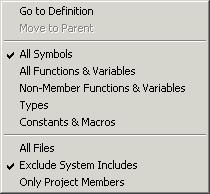 Windows Source Browser window context menu This is the context menu available in the upper display area: Figure 89: Source Browser window context menu These commands are available on the context