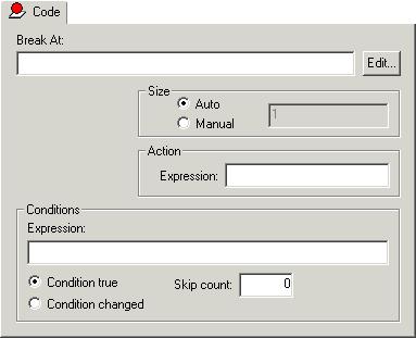 IAR Embedded Workbench IDE reference The Code breakpoints dialog box appears. Figure 92: Code breakpoints page Break At Specify the location of the breakpoint in the Break At text box.