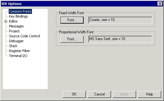 Menus COMMON FONTS OPTIONS Use the Common Fonts options available by choosing Tools>Options for configuring the fonts used for all project windows except the editor windows.