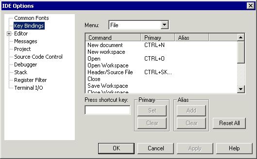IAR Embedded Workbench IDE reference KEY BINDINGS OPTIONS Use the Key Bindings options available by choosing Tools>Options to customize the shortcut keys used for the IDE menu commands.