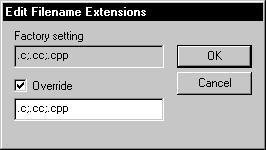Figure 137: Filename Extension Overrides dialog box Select the tool for which you want to define more recognized filename extensions, and click Edit to open the Edit Filename Extensions dialog box.
