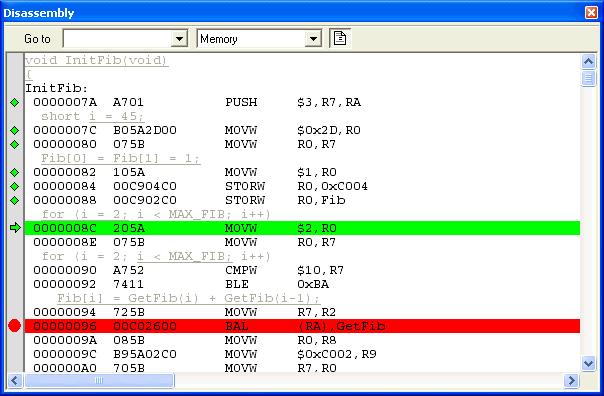 C-SPY windows DISASSEMBLY WINDOW The C-SPY Disassembly window available from the View menu shows the application being debugged as disassembled application code.