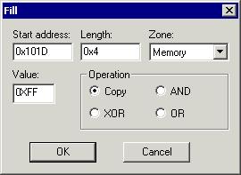 C-SPY reference Menu command Memory Fill Memory Save Memory Restore Set Data Breakpoint FILL DIALOG BOX Description Displays the Fill dialog box, where you can fill a specified area with a value, see