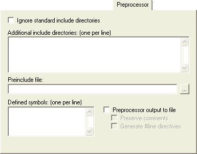 Preprocessor Preprocessor The Preprocessor options allow you to define include paths and symbols in the assembler.