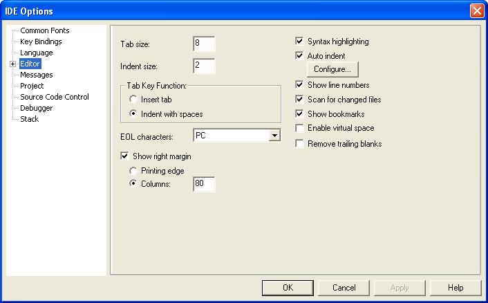 Compiling and linking the application 2 Choose Tools>Options to open the IDE Options dialog box and click the Editor tab. Select the option Scan for Changed Files.