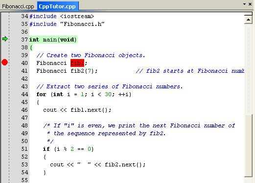 Using C++ 2 To see how the object is constructed, set a breakpoint on the C++ object fib1 on this line: Fibonacci fib1; Figure 18: Setting a breakpoint in CPPTutor.