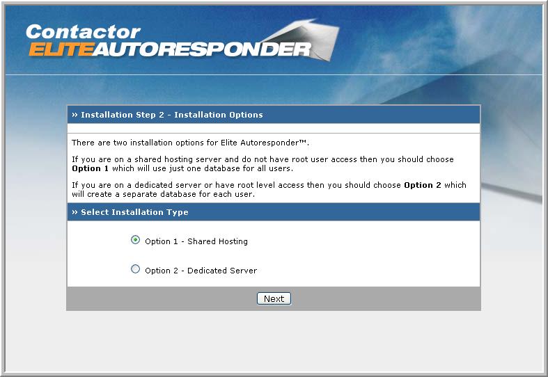 Contactor Elite Autoresponder Guide 12 Choose installation type The next page allows you to choose whether you want Standard or Advanced.