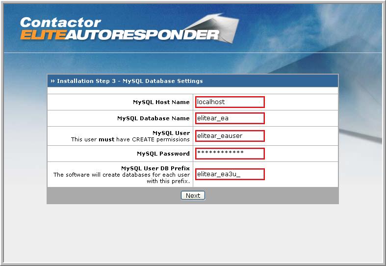 Contactor Elite Autoresponder Guide 13 MySQL Database settings On this screen you need to