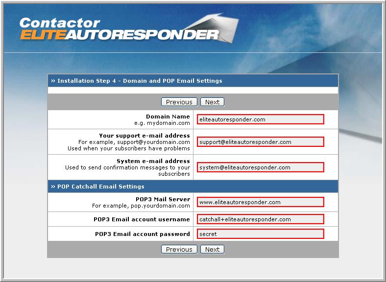 Contactor Elite Autoresponder Guide 14 Domain and Email Settings On this screen you need to enter the following details.