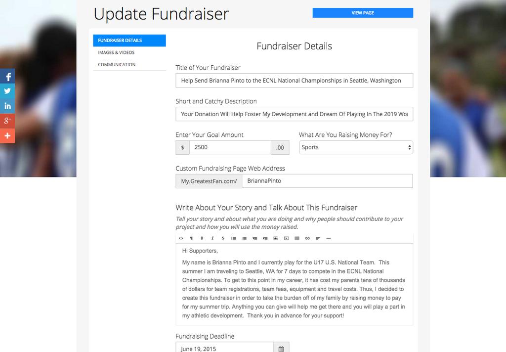 Create your personalized site on the Fundraiser Details page.